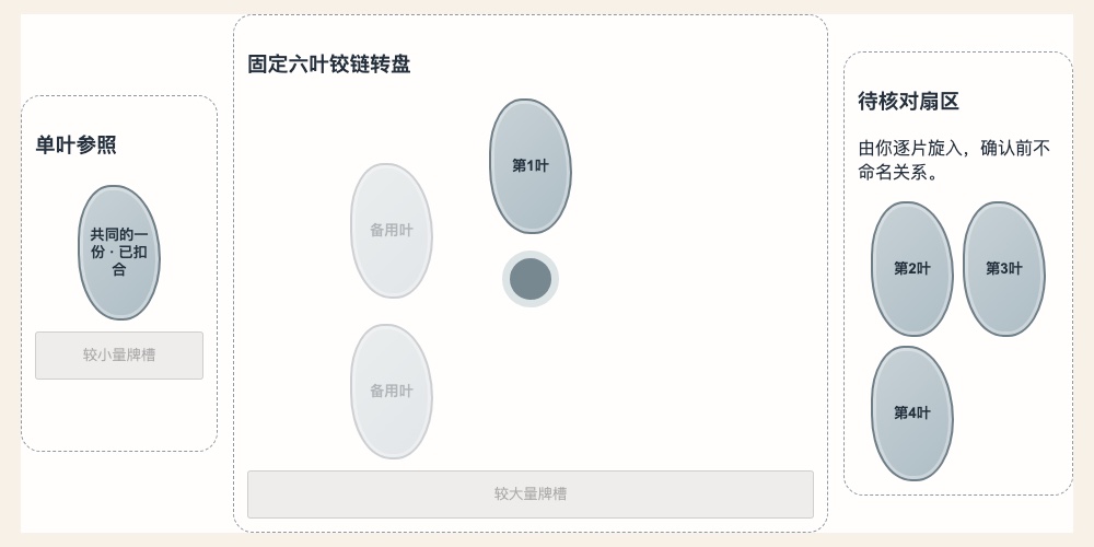 《差倍问题：让差量对应多出的相同份》互动页面截图，暖白工作台上的同份扇页转盘、单叶参照与待核对扇区