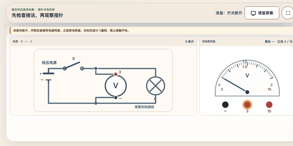 《电压表：怎样并联接入并正确读数》互动教具目录封面