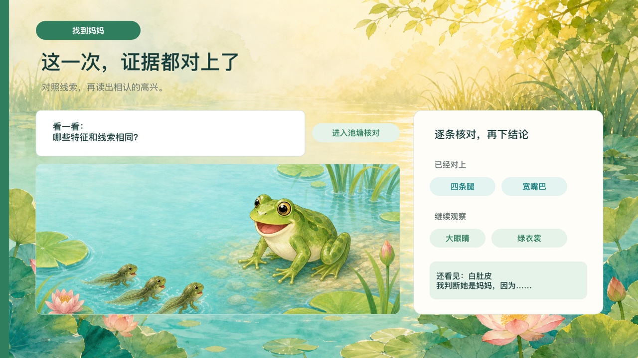 《小蝌蚪找妈妈》课件第5页，青蛙妈妈线索核对与进入池塘核对按钮