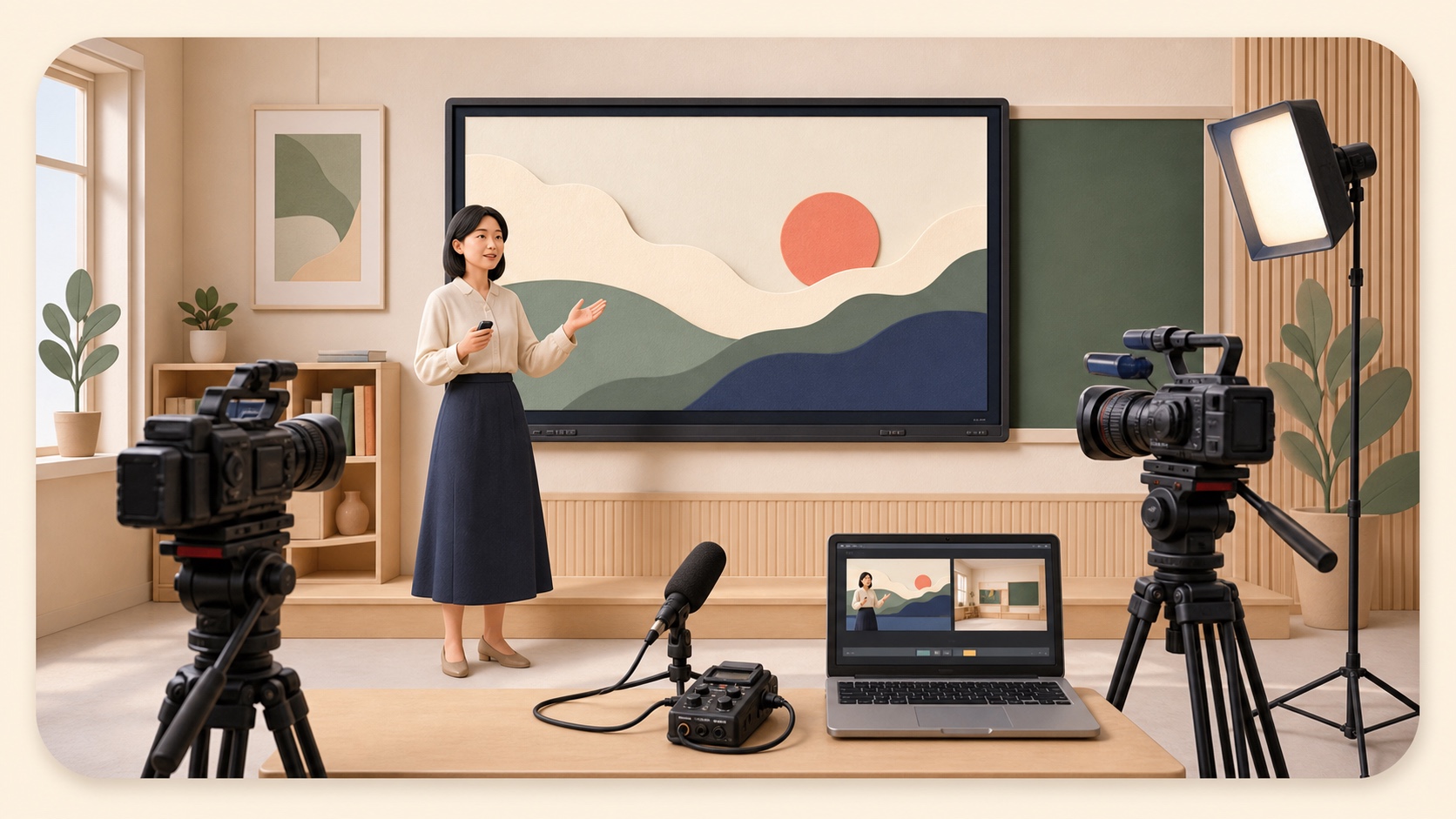 本地录课服务插画：教师、双机位、收音设备与剪辑工作台