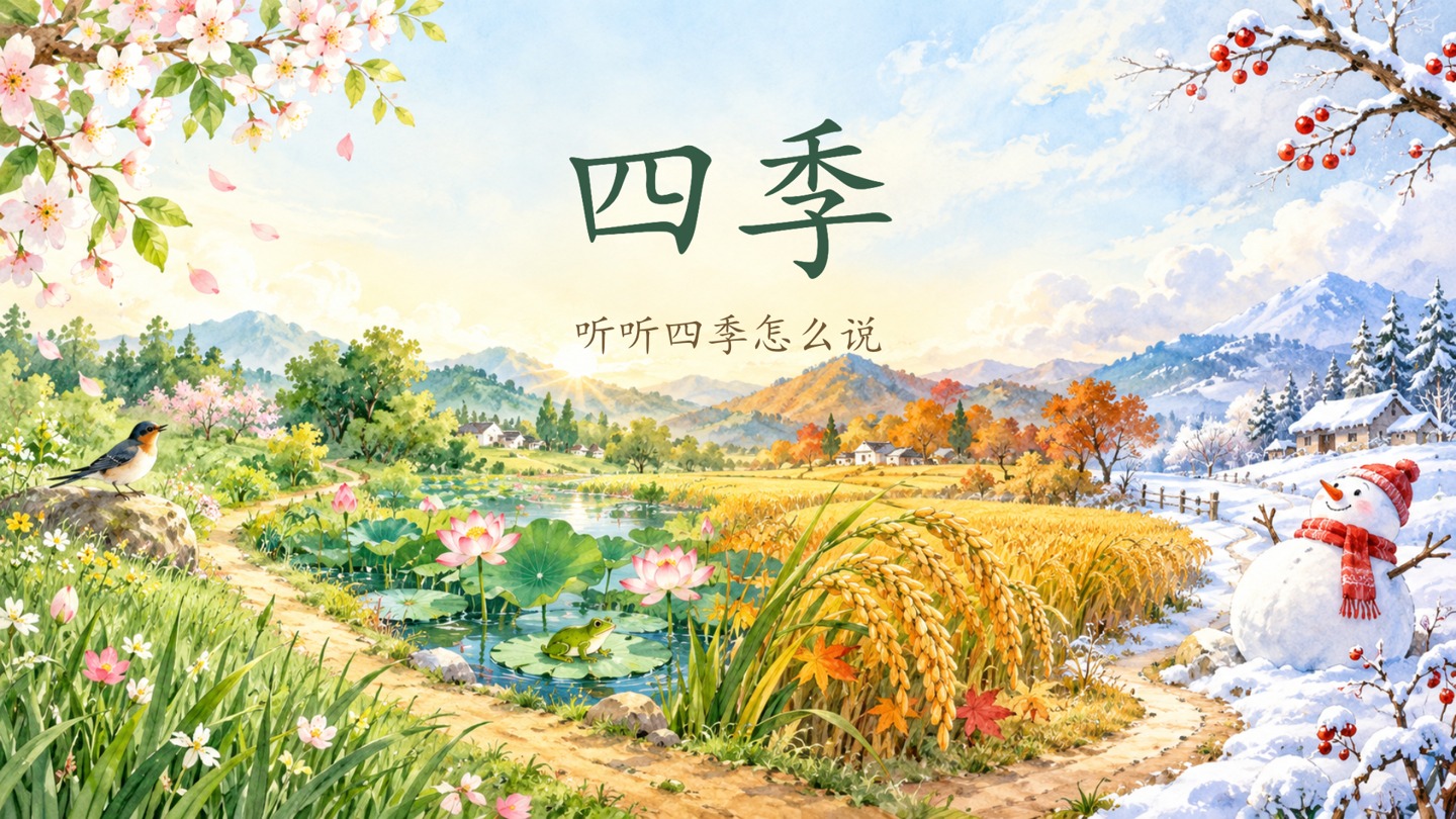 四季已验收绘本PPT封面:春夏秋冬在同一幅完整画面中展开