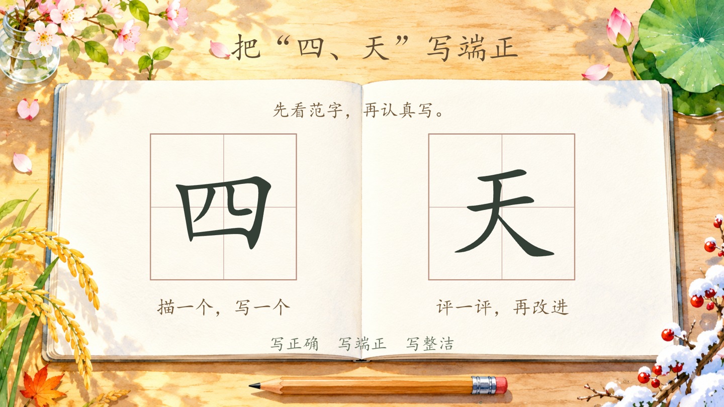 交流表达,认真练写“四、天”实际课件画面